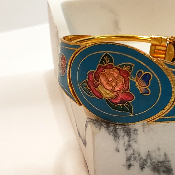 Vintage Cloisonné Rose & Butterfly Gold Tone Bracelet - Picture 3 of 5